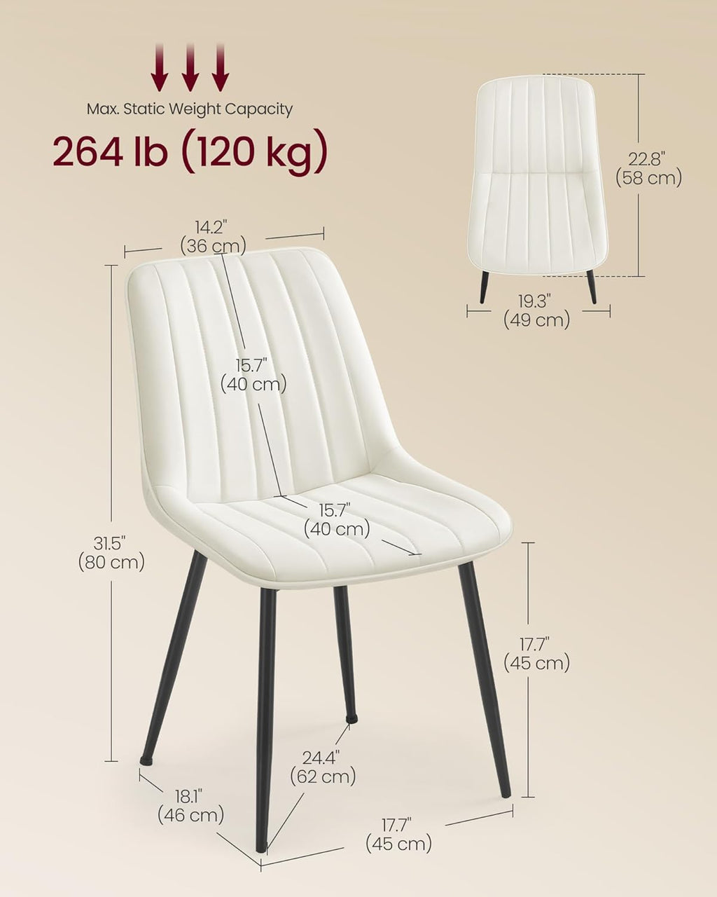 VASAGLE Dining Chairs Set of 4, Upholstered Kitchen Chairs, Synthetic Leather, Max. Load 264 lb, Steel Legs, Curved Backrest, for Dining Room, Cloud White and Ink Black ULDC090WH02-2J