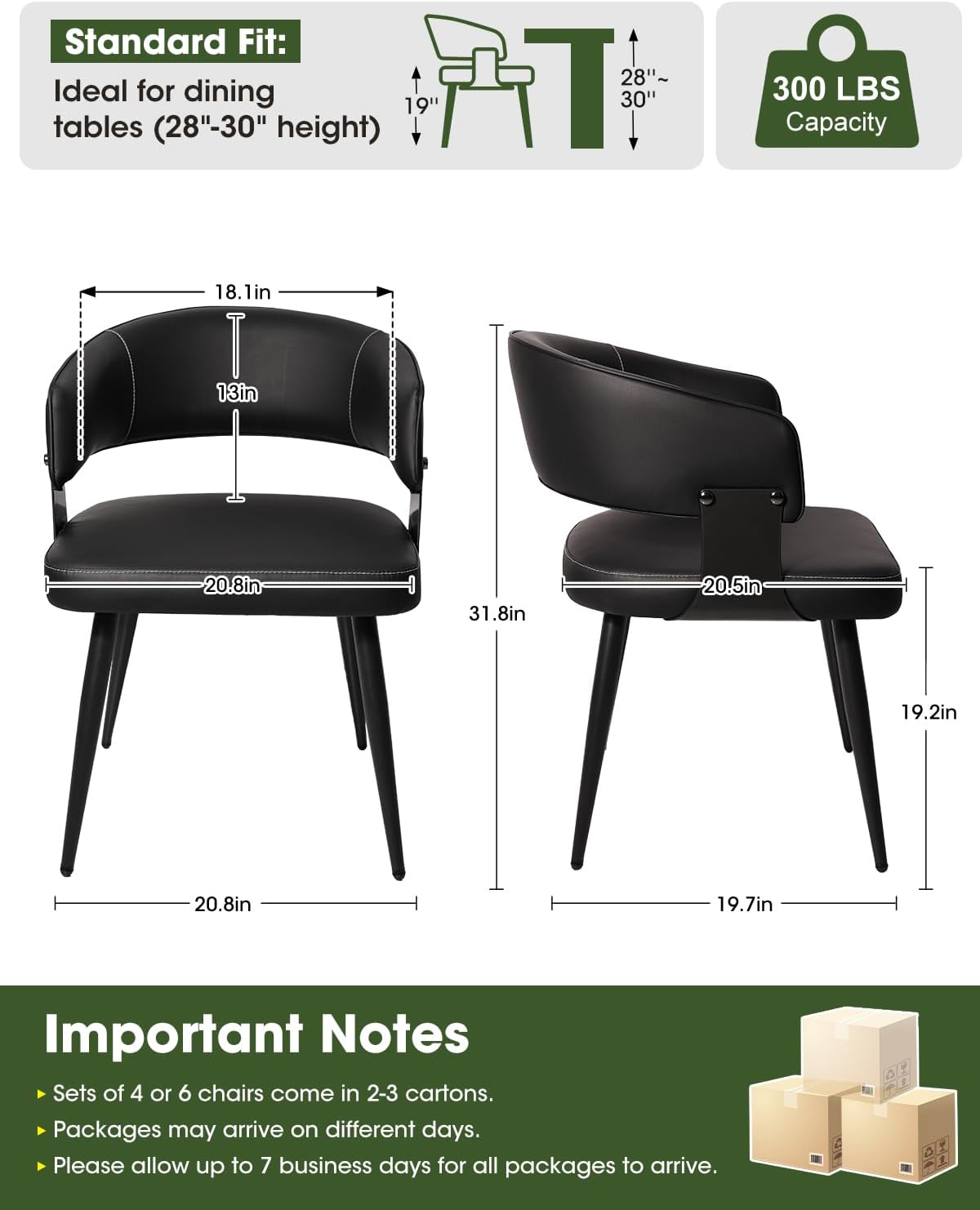 Dining Chairs Set of 4, Modern Upholstered PU Leather Kitchen & Dining Room Chairs with Curved Open Back Metal Legs, Kitchen Chairs for Dining Room Restaurant (Black, Set of 4)