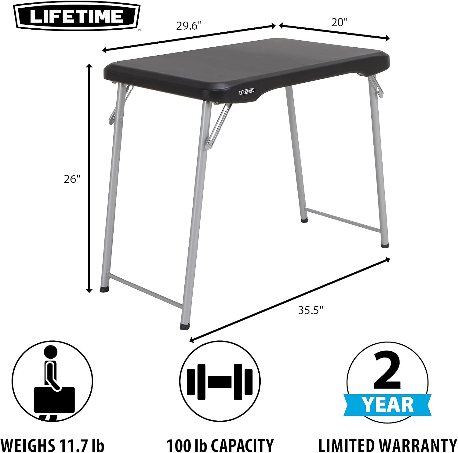 LIFETIME Stacking Compact Folding Table, 30 in. x 20 in., Black and Silver, Indoor/Outdoor