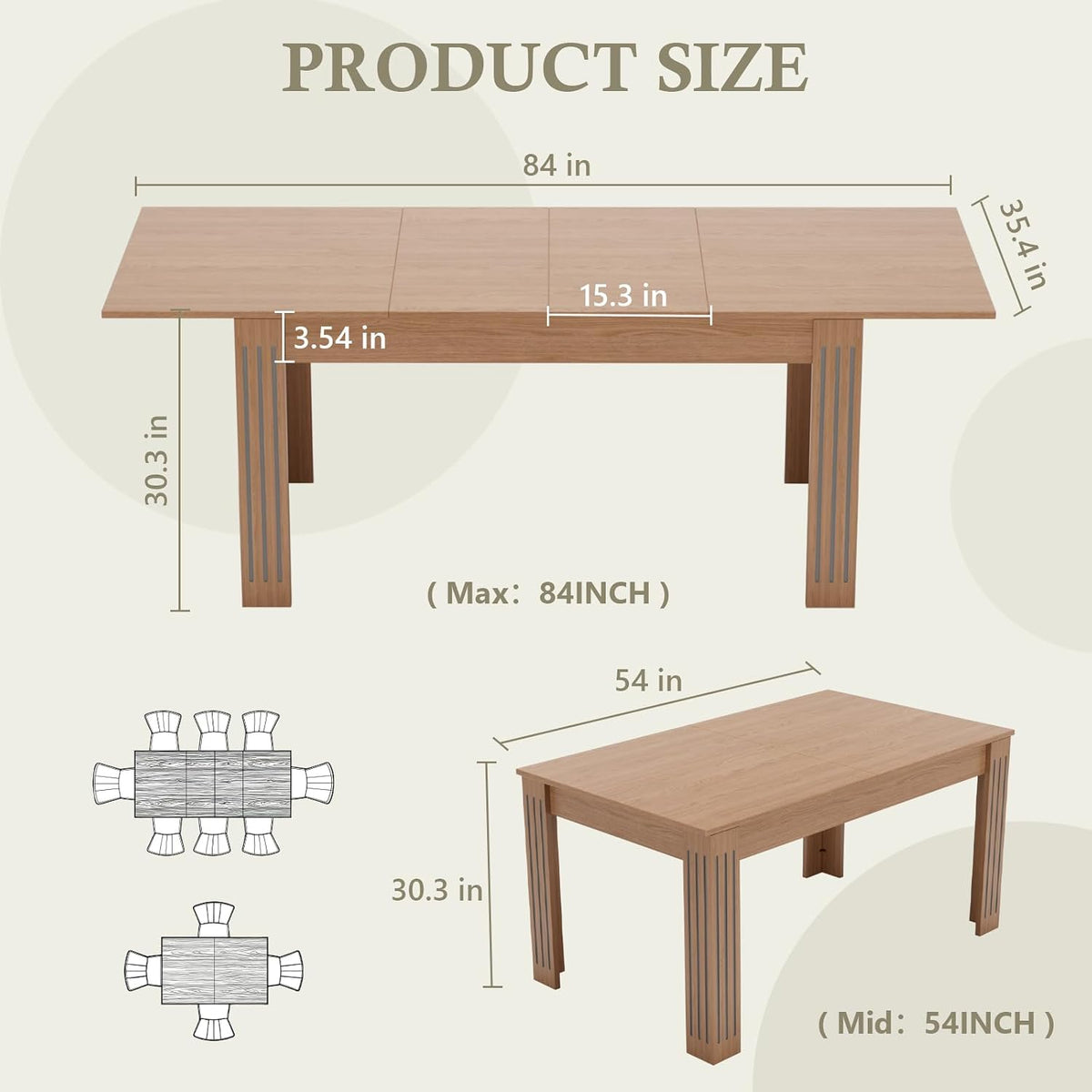 Sannwsg Extendable Table 54"-85", Extendable Dining Table for 4-8, Rectangular Kitchen Dining Table Space Saving, Farmhouse Dining Tables with 95" Runner