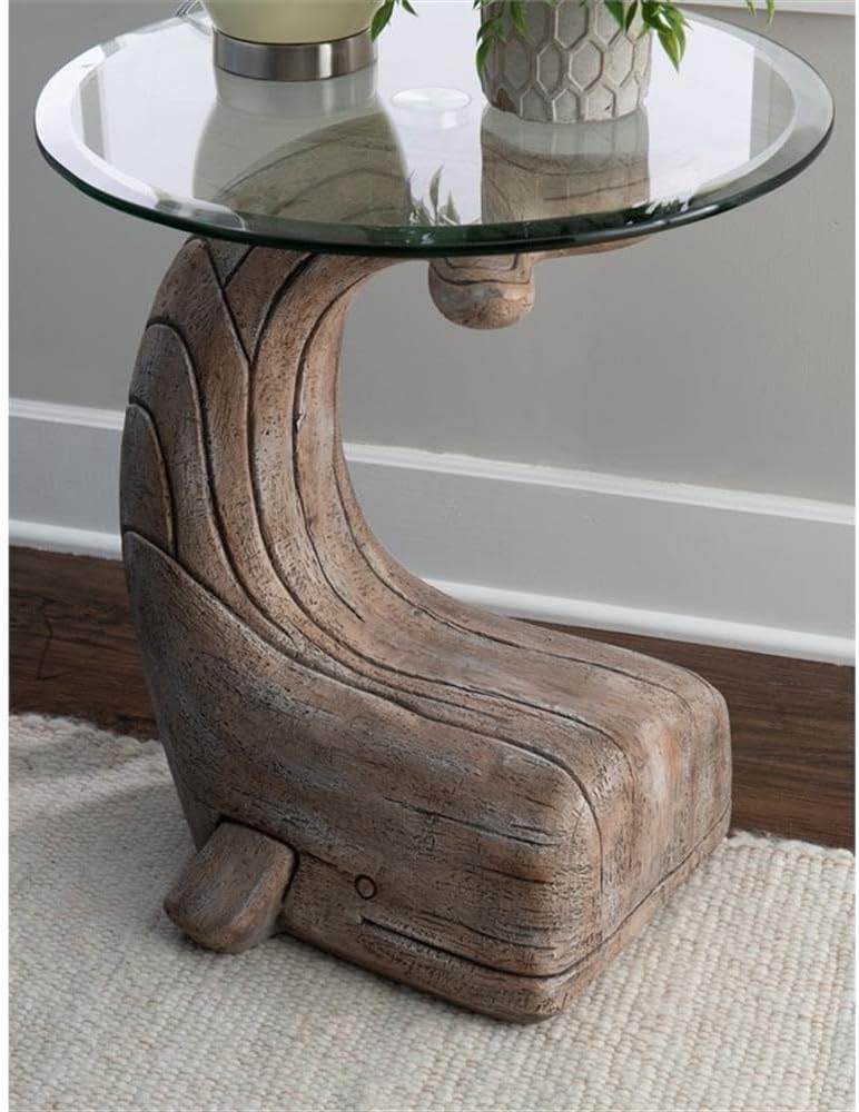 MAKLAINE Whale Sculptured Accent Table, 23 in Tall, Resin Base with Driftwood Finish, 20 in Beveled Glass Top, Rustic Side Table for Living Room or Bedroom Decor