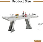 70" Faux Marble White Silver Dining Table for 6, Modern Dining Room Table with 0.71" Marble Printing MDF Top and Flash-Shaped Stainless Steel Base,Rectangular Large Kitchen Dinner Table