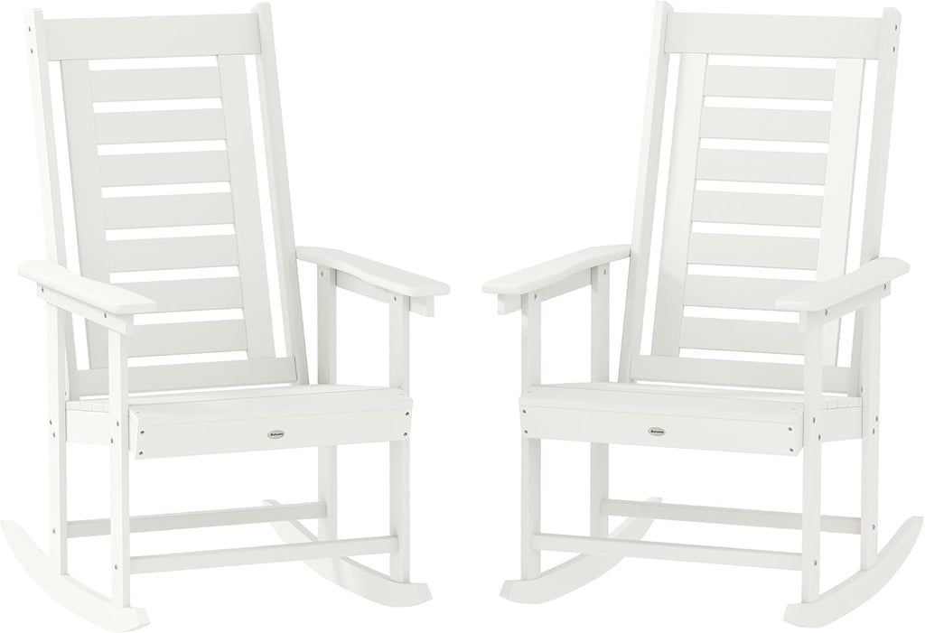 Outsunny Outdoor Rocking Chairs Set of 2 HDPE Patio 28" High Back White | Wide Armrests, All-Weather Slatted Porch Rockers, Garden, Balcony, Fire Pit