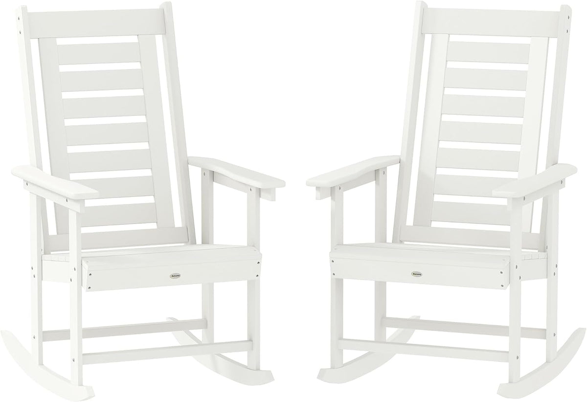 Outsunny Outdoor Rocking Chairs Set of 2 HDPE Patio 28" High Back White | Wide Armrests, All-Weather Slatted Porch Rockers, Garden, Balcony, Fire Pit