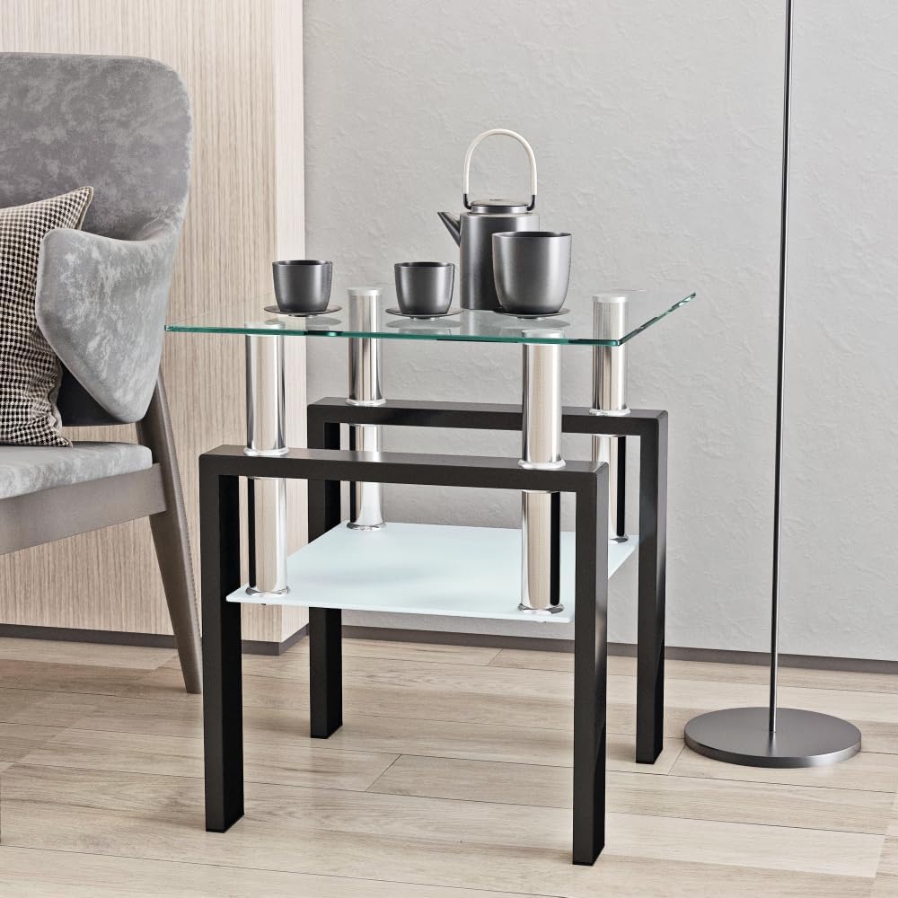 Set of 2, Modern Tempered Glass Tea Table Coffee Table End Table, Square Table for Living Room, Black