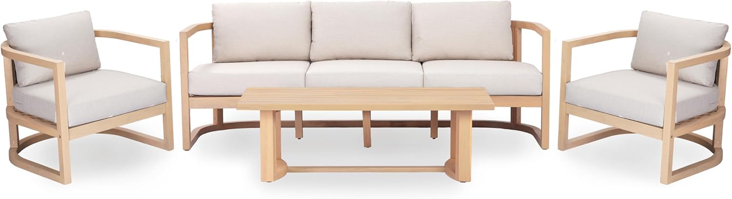 Merax 4 Piece Rattan Woven Paito Conversation Set, All-Weather Acacia Wood 3 Seater Sofa,2 Club Armchairs with Cushions, 1 Coffee Table for Porch, Lawn, Backyard, Balcony, Light Teak