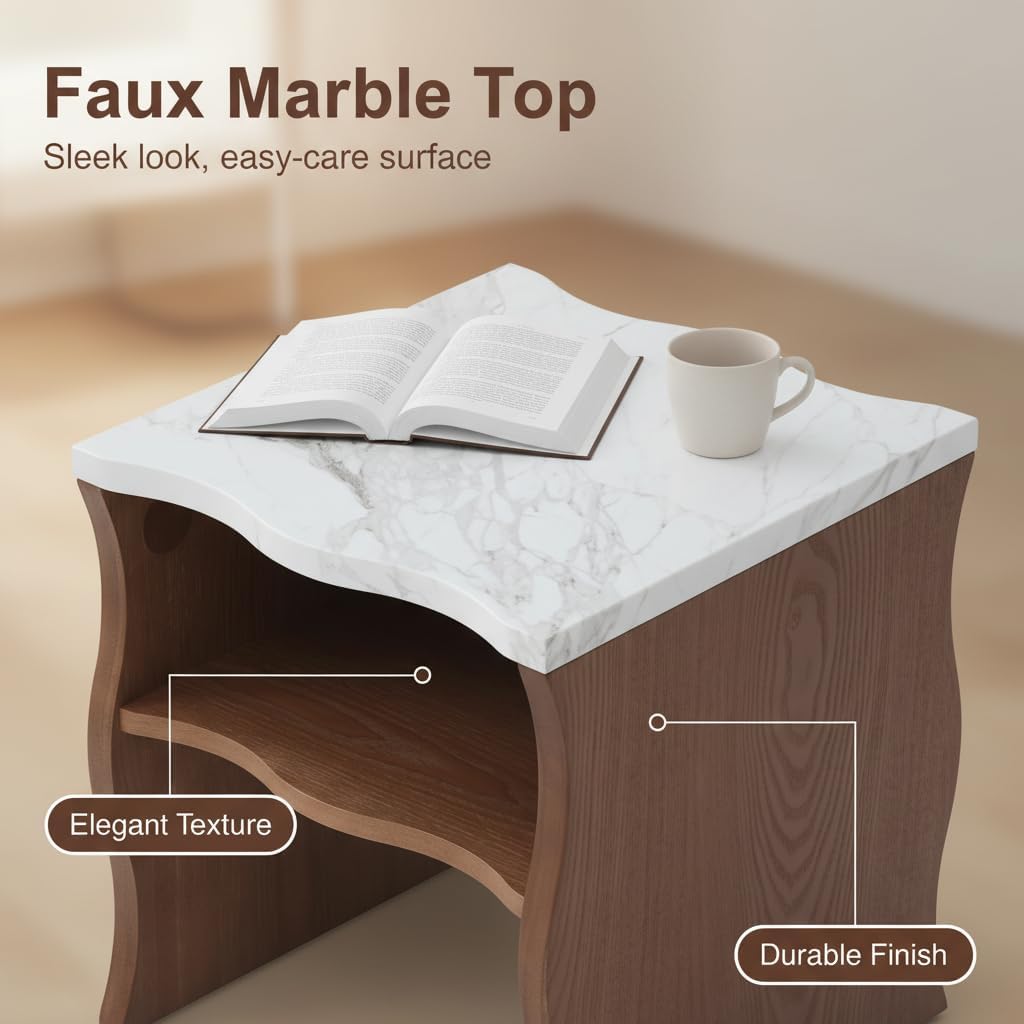 Mid-Century Modern Side Table,17.72" Whisper of Waves Design End Table with White Marble-Pattern Tabletop Open Storage Shelf and Solid Wood Veneered Base Bedroom Nightstand End Table for Living Room