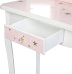 NC Pink Kids Vanity Set Wood Makeup Table and Chair Set for Little Girls Princess Child Vanity Desk Tri-Fold Mirror Dressing Table with Drawer (Pink Star Style)
