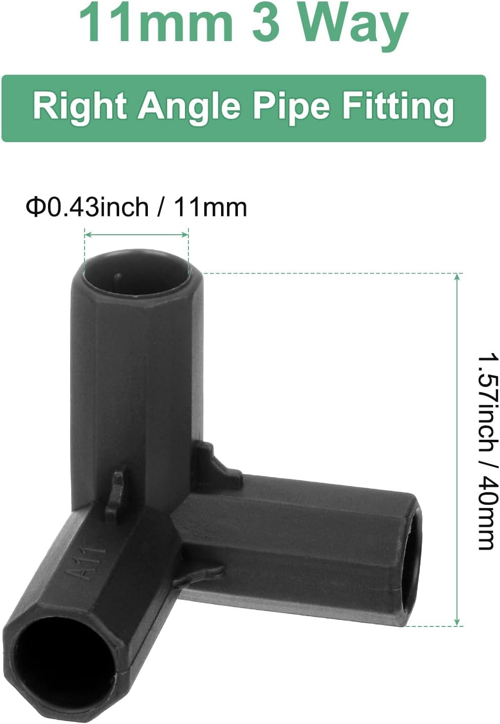4 Pcs 11mm Greenhouse Frame Building Connectors, 3 Way Right Angle Pipe Fitting for Grape Trellis/Sunscreen Shed/Gardening Plant Stakes, Greenhouse Accessories [Black]
