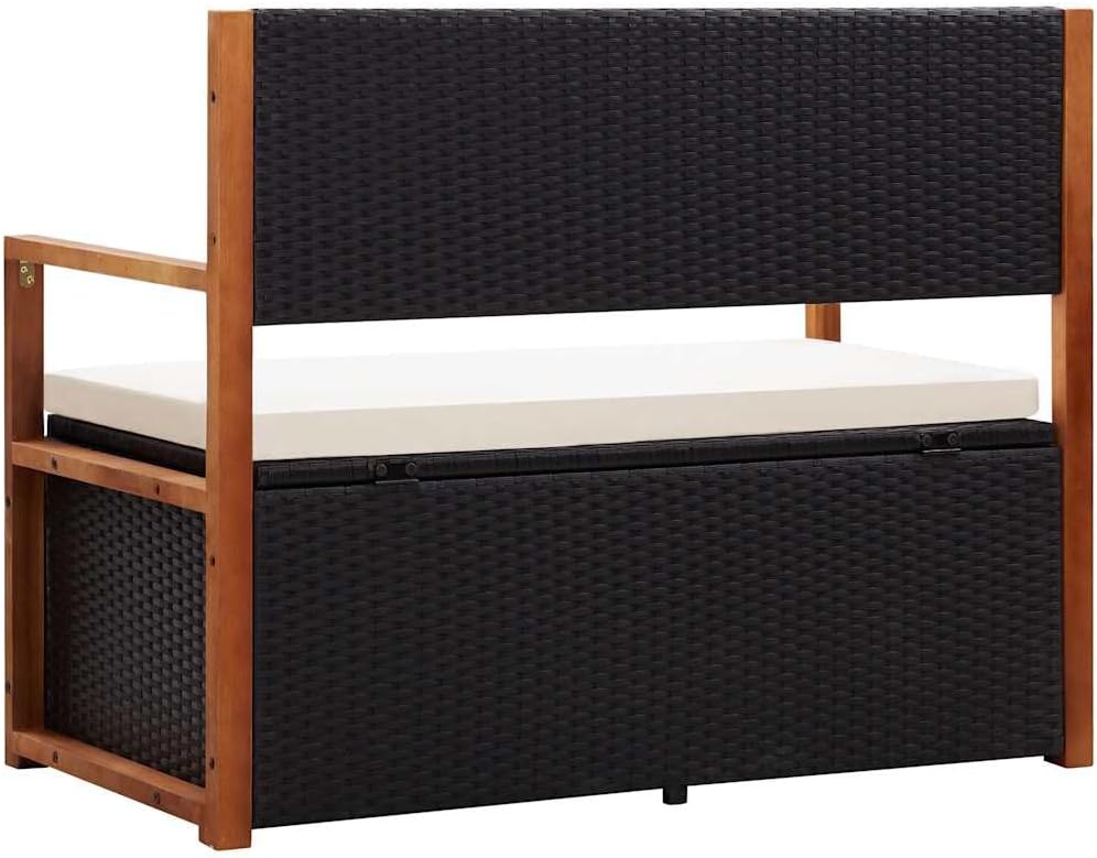 Outdoor Storage Bench with Solid Acacia Wood Accents and Comfortable Cushion, 45.3 inch Poly Rattan Garden Seating for Patio, Deck, and Backyard Organization
