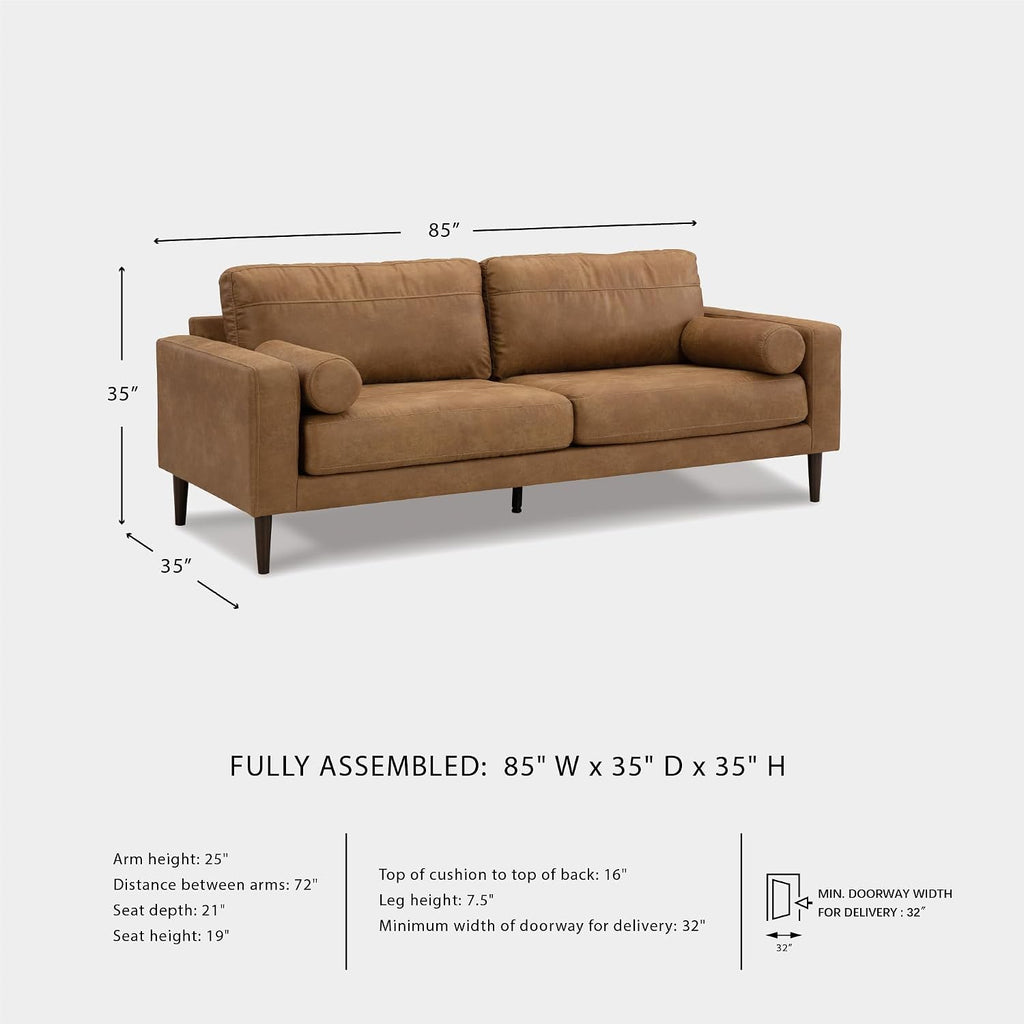 Signature Design by Ashley Telora Faux Leather 3 Seater Sofa Couch, Caramel | Medium plush fiber-wrapped foam seating, Track arms, Loose back cushions, Mid-century modern style