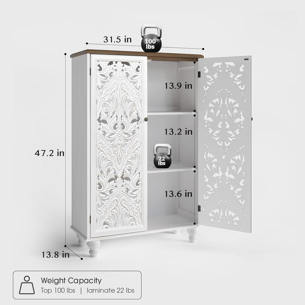 JOINICE 47" Tall Accent Cabinet with Carved Doors & Storage for Living Room | Vertical Storage, Carved Floral Design, Mandala White Buffet, Boho/Farmhouse/Rustic Style, Adjustable Shelves, Easy Assembly