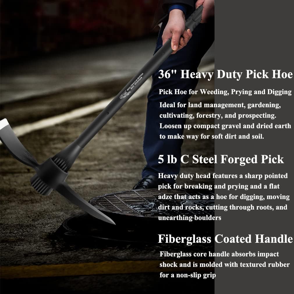 glorousamc Forged Adze Pick, Weeding Mattock Hoe Pick Mattock with Fiberglass Handle, Garden Pick, Great for Loosening Soil, Archaeological Projects (5LB-with 36" Fiberglass Handle)