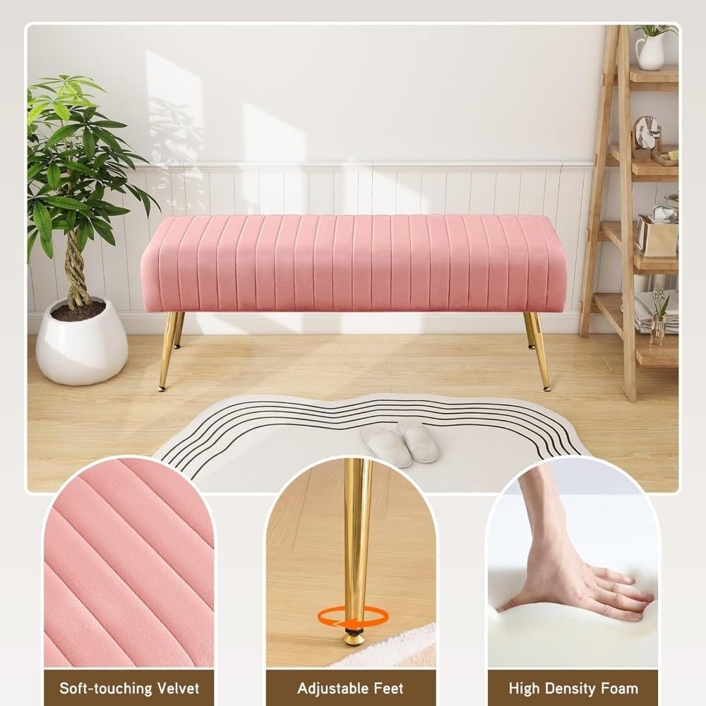 Modern Velvet Ottoman Bench Modern Upholstered Bedroom Benches Footrest Stool Indoor for Entryway Living Room Entryway(Green)