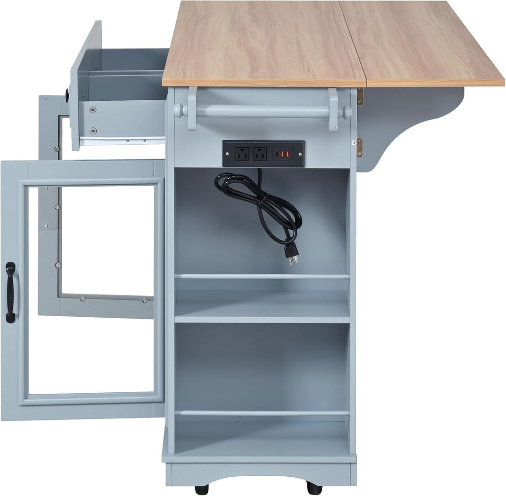 Rolling Kitchen Island Cart with Wood Countertop, Mobile Kitchen Storage Cart with Drawers, Glass Door Cabinet & Side Spice Rack for Small Kitchen