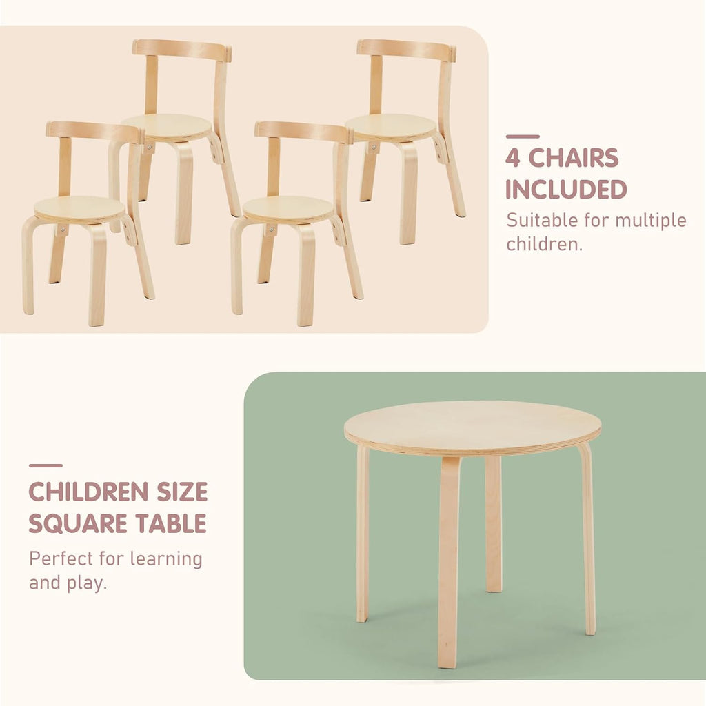 Kids Table and 4 Chairs Set - Round Table and Chair Set for Children, EN71 Certified, Birch Veneer - Wooden Dining Play Set for Children, Durable Wooden Play Table and Chairs, Solid Wood