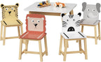 5 Pieces Table and Chair Set, Cartoon Animals Pattern Activity Play Set with Solid Wood Legs, Wooden Furniture for Playroom, Daycare & Kindergarten