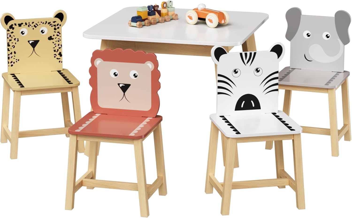 5 Pieces Table and Chair Set, Cartoon Animals Pattern Activity Play Set with Solid Wood Legs, Wooden Furniture for Playroom, Daycare & Kindergarten