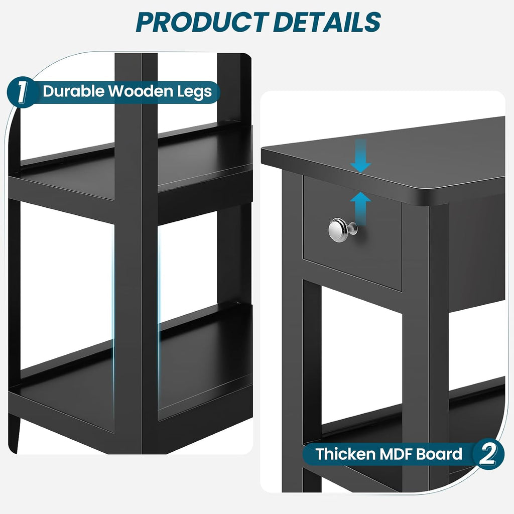 End Tables Living Room Set of 2, 3-Tier Narrow Sofa Side Table with Drawer and 2 Shelf, Small Nightstand for Bedroom, Living Room, Black
