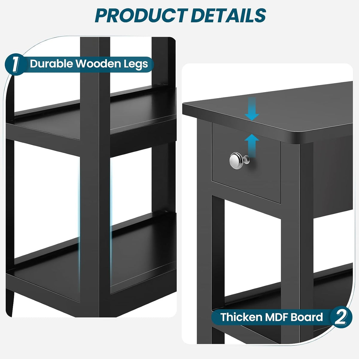 End Tables Living Room Set of 2, 3-Tier Narrow Sofa Side Table with Drawer and 2 Shelf, Small Nightstand for Bedroom, Living Room, Black