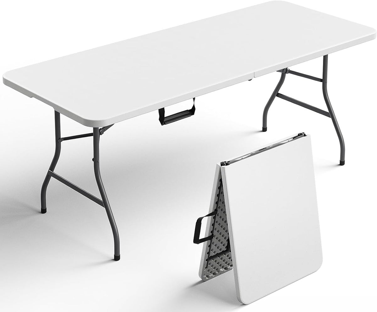 Folding Table 1 Pack, 6FT Folding Table Portable with Built-in Handle, Heavy Duty Plastic Table with Steel Legs Supports to 300lbs, Suitable for Party, Camping, Events Indoor&Outdoor Use, White