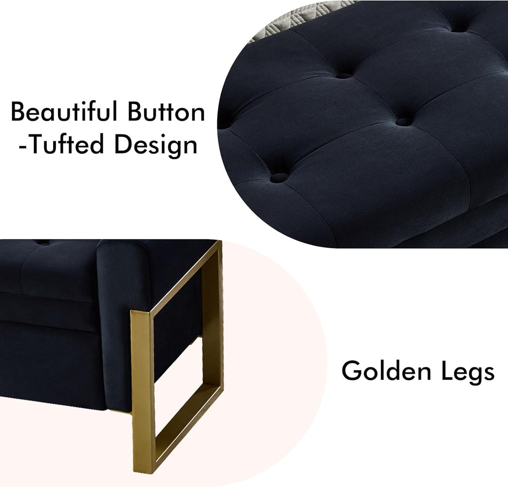 67" Storage Bench for Bedroom, King Size End of Bed Bench, Upholstered Storage Ottoman Bench with Golden Metal Legs, Bedroom Bench for Entryway, Black