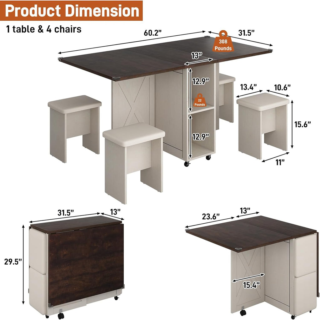 5 PCS Farmhouse Dining Table Set for 4,60" Large Folding Dining Table Set w/ 4 Leather Chairs, Drop Leaf Foldable Kitchen Table for Small Spaces,Barn Door Design,6 Wheels,2-Layer Storage Shelf,Brown