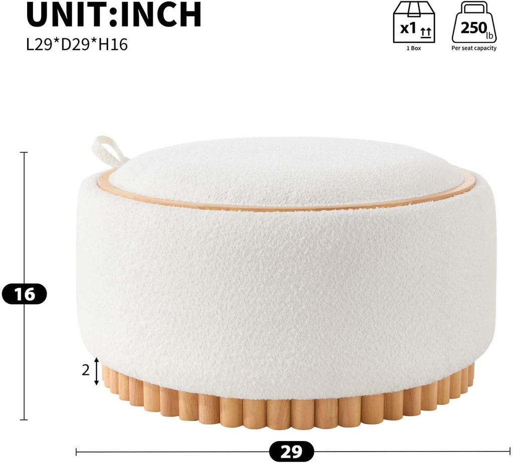 29" Boucle Upholstered Round Storage Ottoman with Solid Wood Legs, Modern Coffee Table Ottoman with Reversible Lid, Large Round Ottoman with Storage for Living Room (Beige, Boucle)