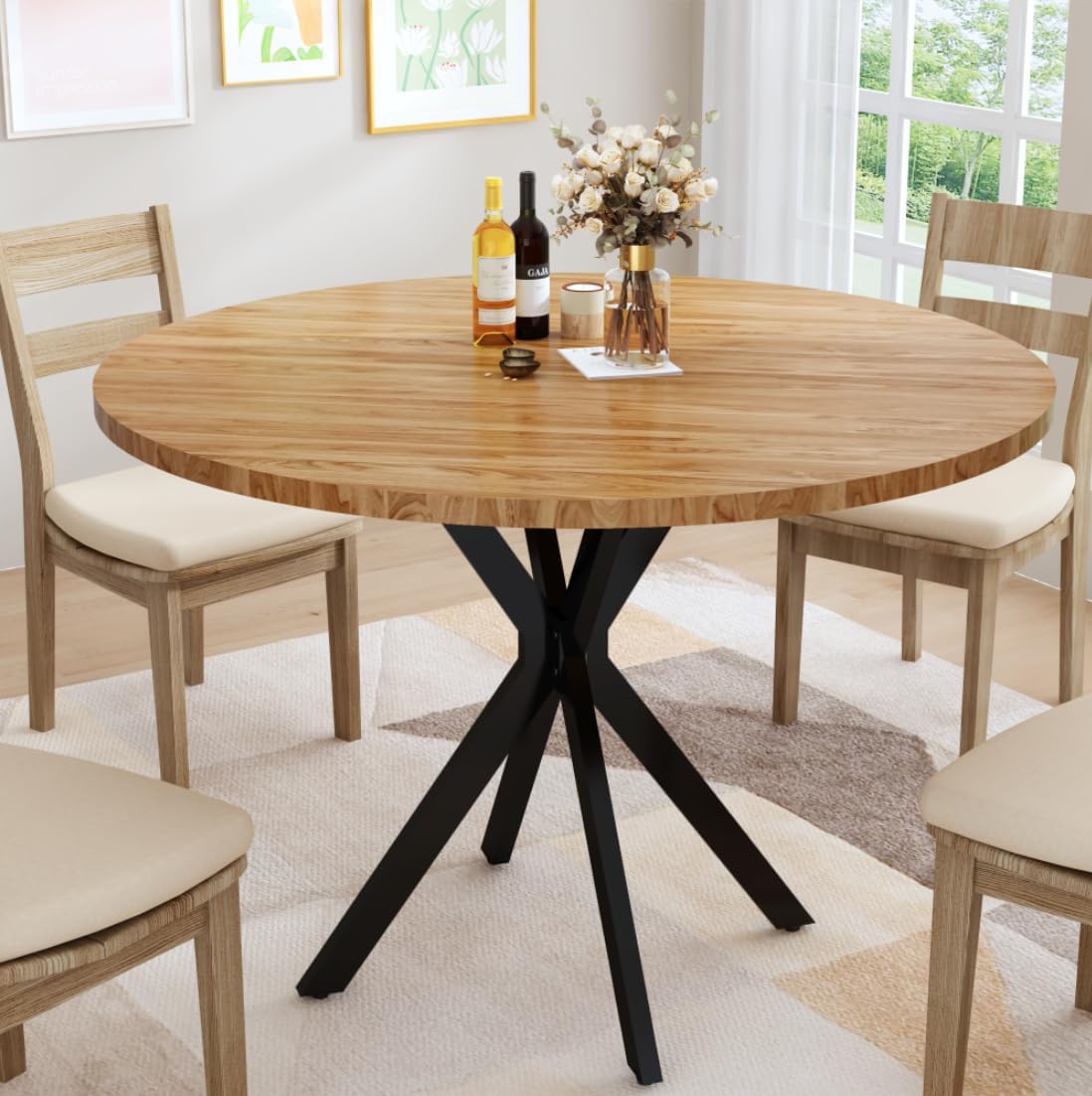 DKLGG Walnut Round Dining Table, Mid-Century Modern Round Dining Table for 4-6 Person, 39" Coffee Table with Metal Black Legs for Cafe/Bar Kitchen Dining Office, Save Space (Only Table)