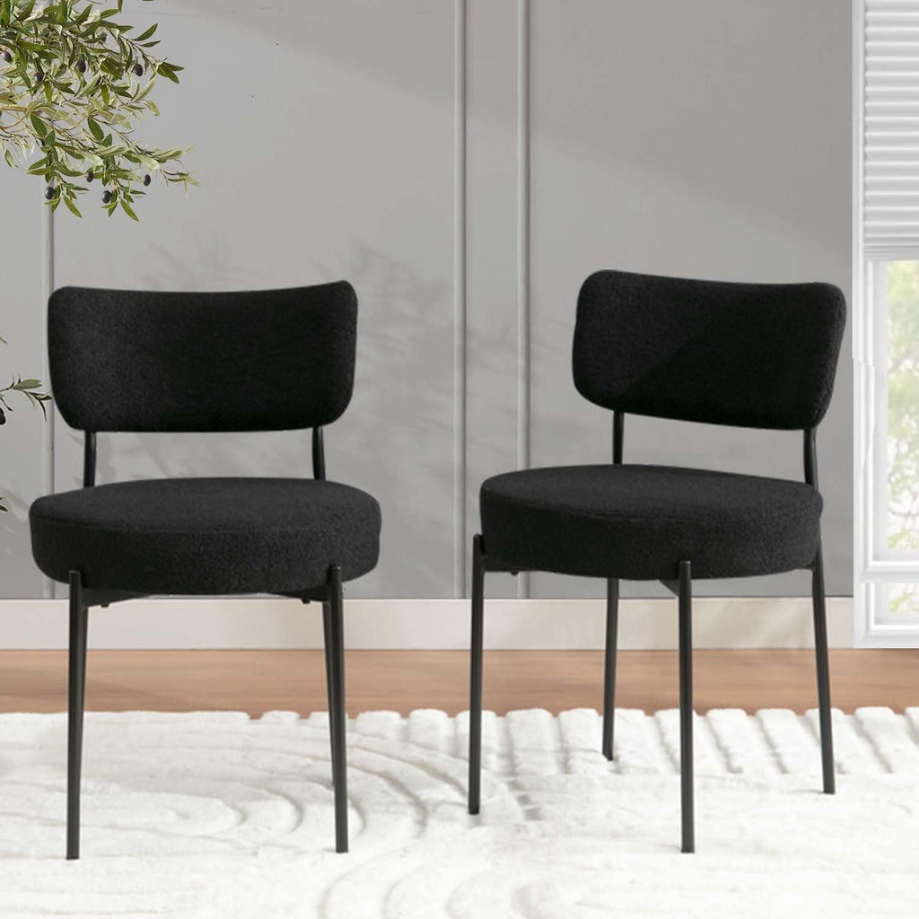2.7" Black Dining Chairs Set of 6, Boucle Dining Chair with Curved Backrest & Metal Legs, Kitchen Chairs with Adjustable Non-Slip Foot Pads, Mid Century Dining Chair for Living Room