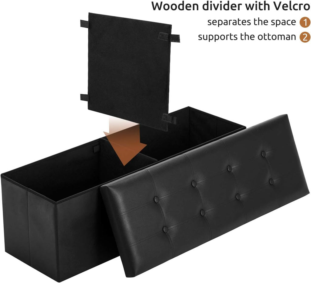 YOUDENOVA 43" Ottoman with Storage, Folding Faux Leather Bench, Black | Foldable ottoman with hidden storage, padded faux leather seat and sturdy MDF frame for everyday use.