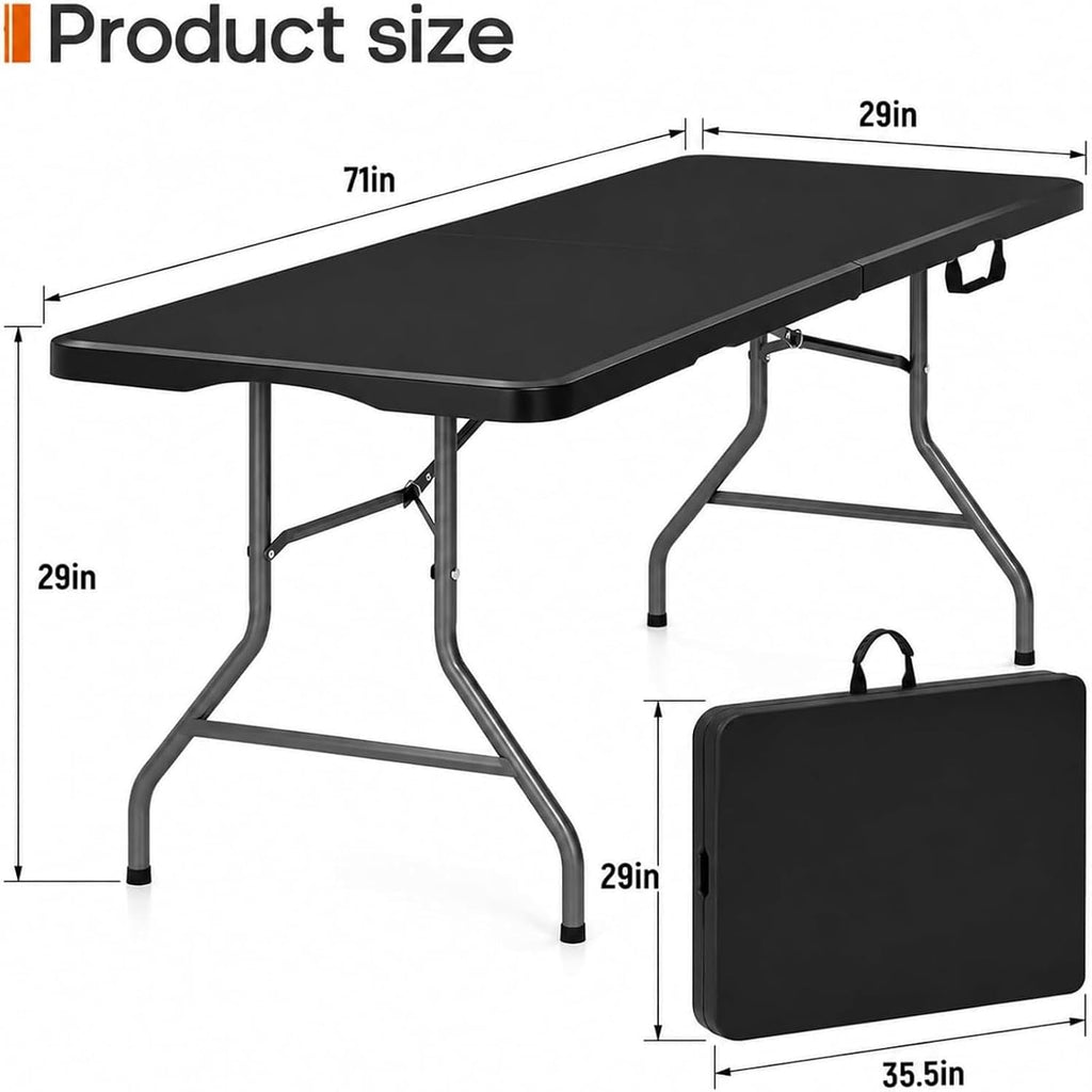 Folding Table 6ft, Heavy Duty Plastic Fold-in-Half Utility Table, Black | Portable Utility Table,HDPE Top,Carry Handle,Sturdy Steel Legs,Indoor Outdoor for Parties,Camping,Dining,Supports 330 lbs