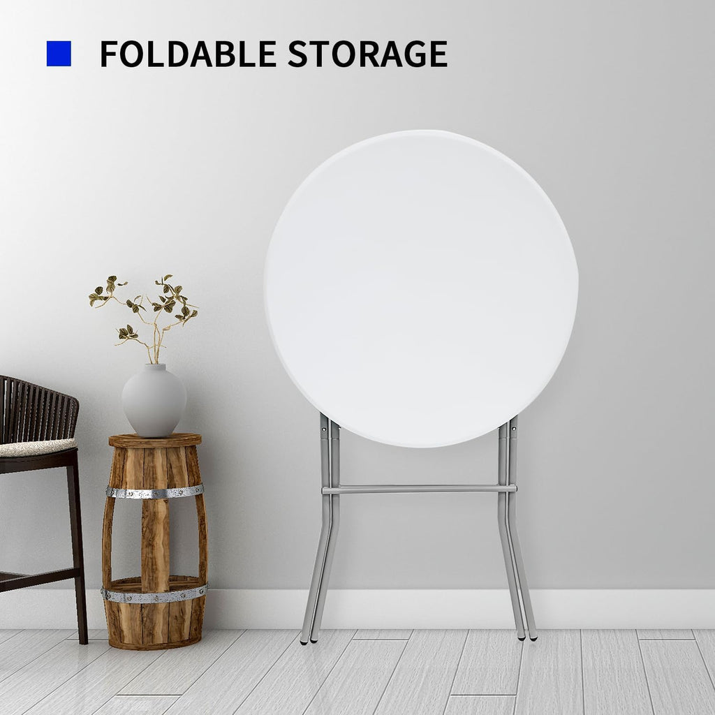 2 PCS - 31.5" L X 31.5" W X 43" H - Cocktail Table White High Top Folding Table, Portable Bar Height Folding Table Round with Detachable Gray Legs