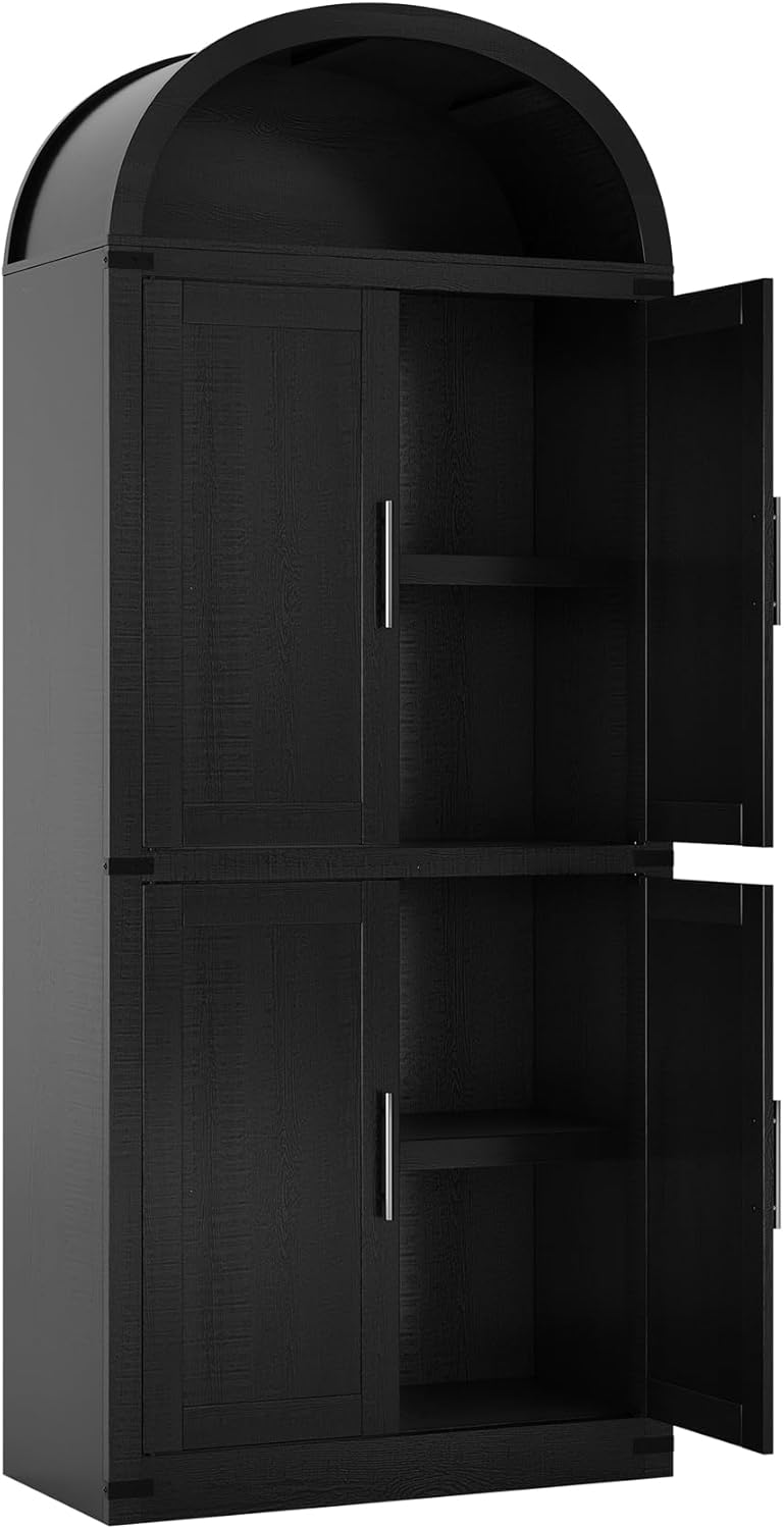 Takywep 71.6 Inch Tall Arched Pantry Cabinet with Doors, Farmhouse Storage Cabinet with Open Shelf and Metal Handles, 5 Tier Freestanding Bookcase for Kitchen Dining Room Living Room, Black