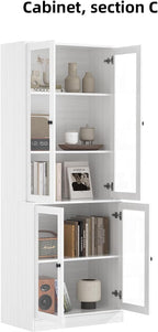 TUSY 71'' Tall Pantry Cabinet, Kitchen Hutch Storage Cabinet, Buffet Hutch Set of 3, China Cabinet with Glass Doors, 5-Tier Storage Cabinets for Dining Room, Living Room (White)
