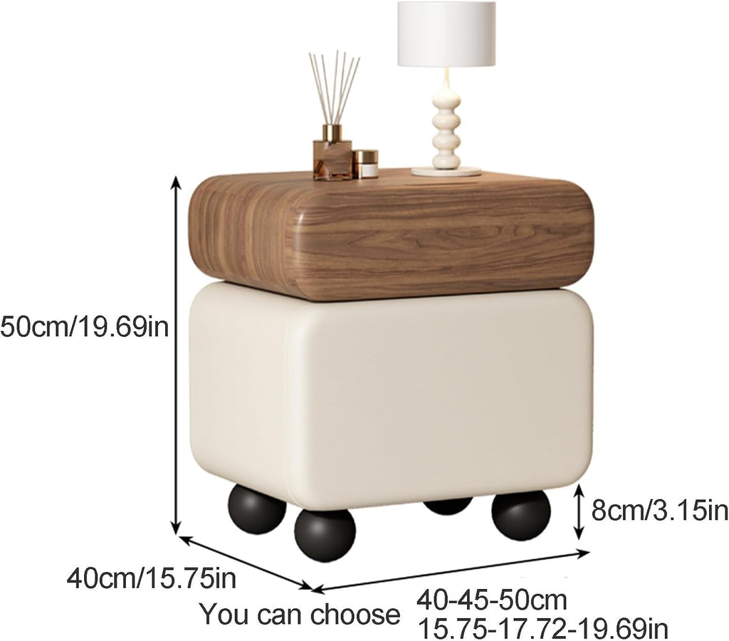 Stylish Rotatable Solid Wood Bedside Table Double Drawers Storage Cabinet with Rounded Corners Ball Feet for Living Room (Brown Khaki,40 cm)