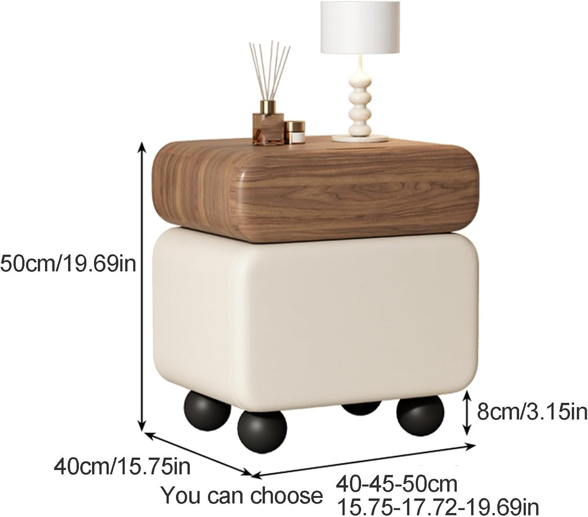 Stylish Rotatable Solid Wood Bedside Table Double Drawers Storage Cabinet with Rounded Corners Ball Feet for Living Room (Brown Khaki,40 cm)