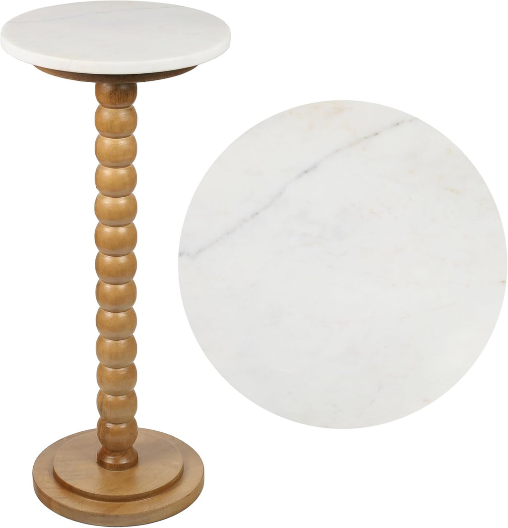 JONATHAN Y Monroe Wood and Marble Round Drink Table with Bobbin Spool Pedestal Base, 24.25" Tall Modern Accent Martini Table for Small Spaces, Living Room, Bedroom, Natural and White END3005B