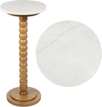JONATHAN Y Monroe Wood and Marble Round Drink Table with Bobbin Spool Pedestal Base, 24.25" Tall Modern Accent Martini Table for Small Spaces, Living Room, Bedroom, Natural and White END3005B