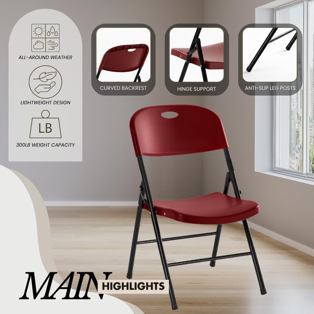 2-Pack Heavy Duty Plastic Folding Chair, 300 lbs Capacity Foldable Chairs for Indoor Outdoor, Stackable Portable Seating for Party, Wedding, Patio, Backyard, Office (Red)