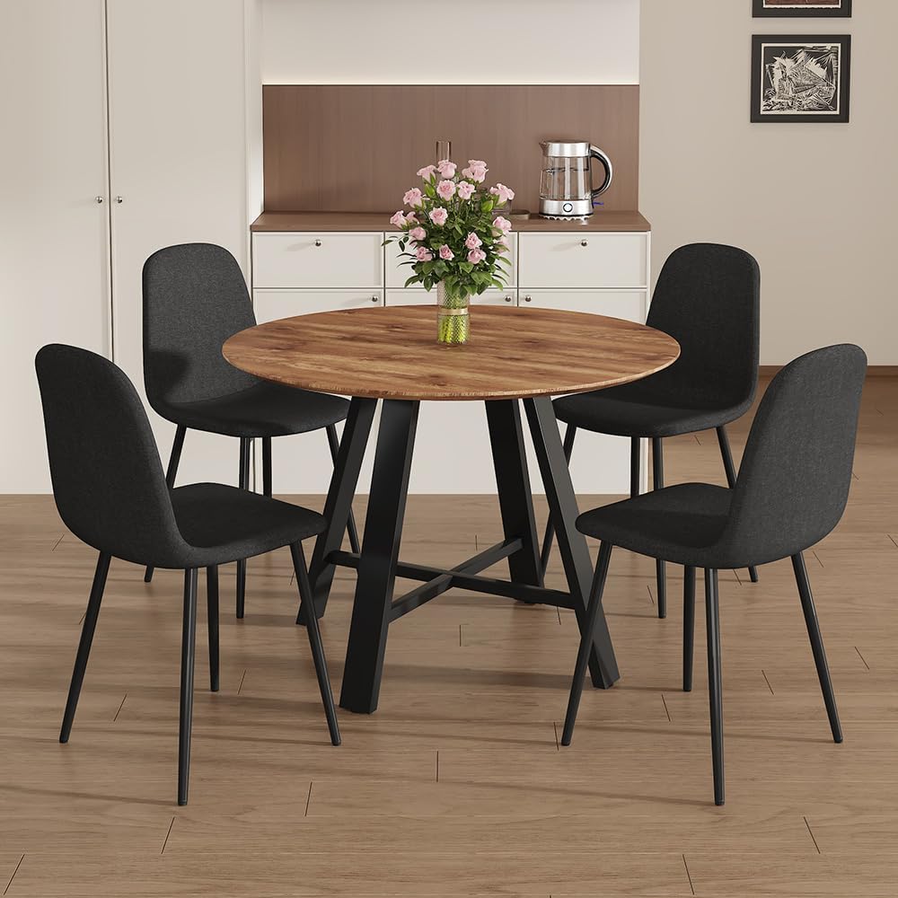 42" Round Dining Table Set for 4, Modern Kitchen Table Chairs Set of 4 Wood Dining Table Upholstered Chair with Metal Leg for Dining Room (Black, 42" Brown Table + 4 Chairs)