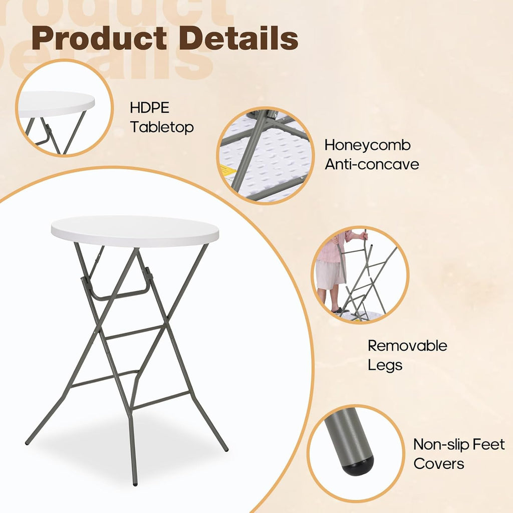 32" Round Folding Table, Portable Bar Height Folding Table with Detachable Legs, Round Foldable Table with HDPE Top for Standing Parties, Balcony, Event, Indoor Outdoor Use (White, 2 Pack)