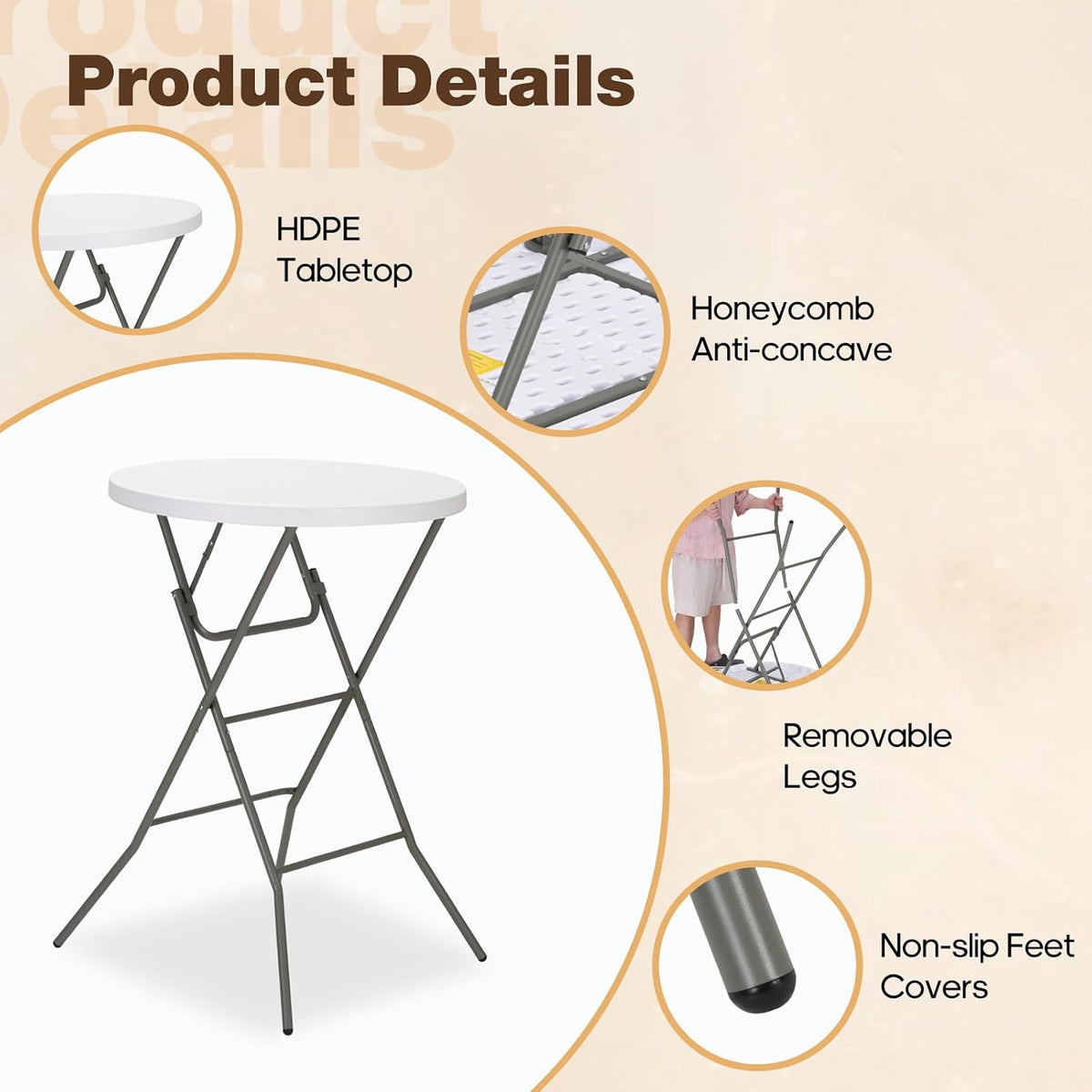 32" Round Folding Table, Portable Bar Height Folding Table with Detachable Legs, Round Foldable Table with HDPE Top for Standing Parties, Balcony, Event, Indoor Outdoor Use (White, 2 Pack)