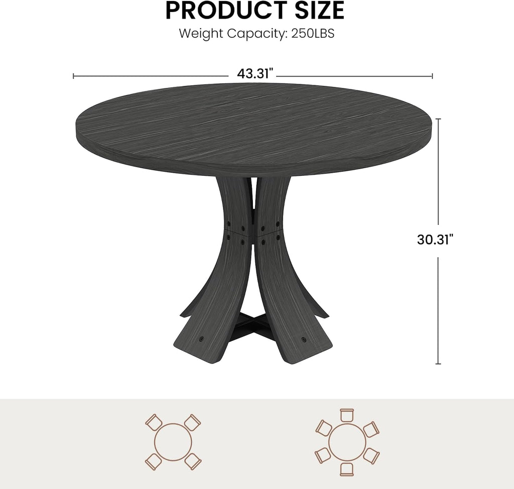 43.3" Round Dining Table for 4-6 People, Farmhouse Kitchen Table for 4-6, Mid Century Modern Circle Dining Table with Curved Solid Wood Frame for Kitchen Dining Room, Black