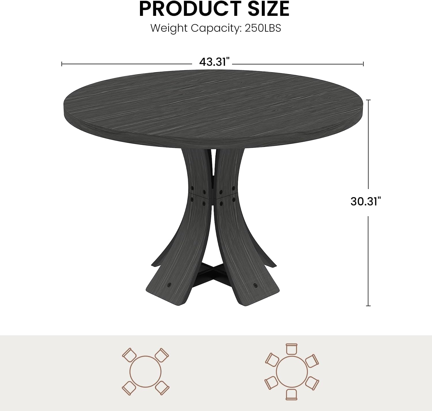 43.3" Round Dining Table for 4-6 People, Farmhouse Kitchen Table for 4-6, Mid Century Modern Circle Dining Table with Curved Solid Wood Frame for Kitchen Dining Room, Black