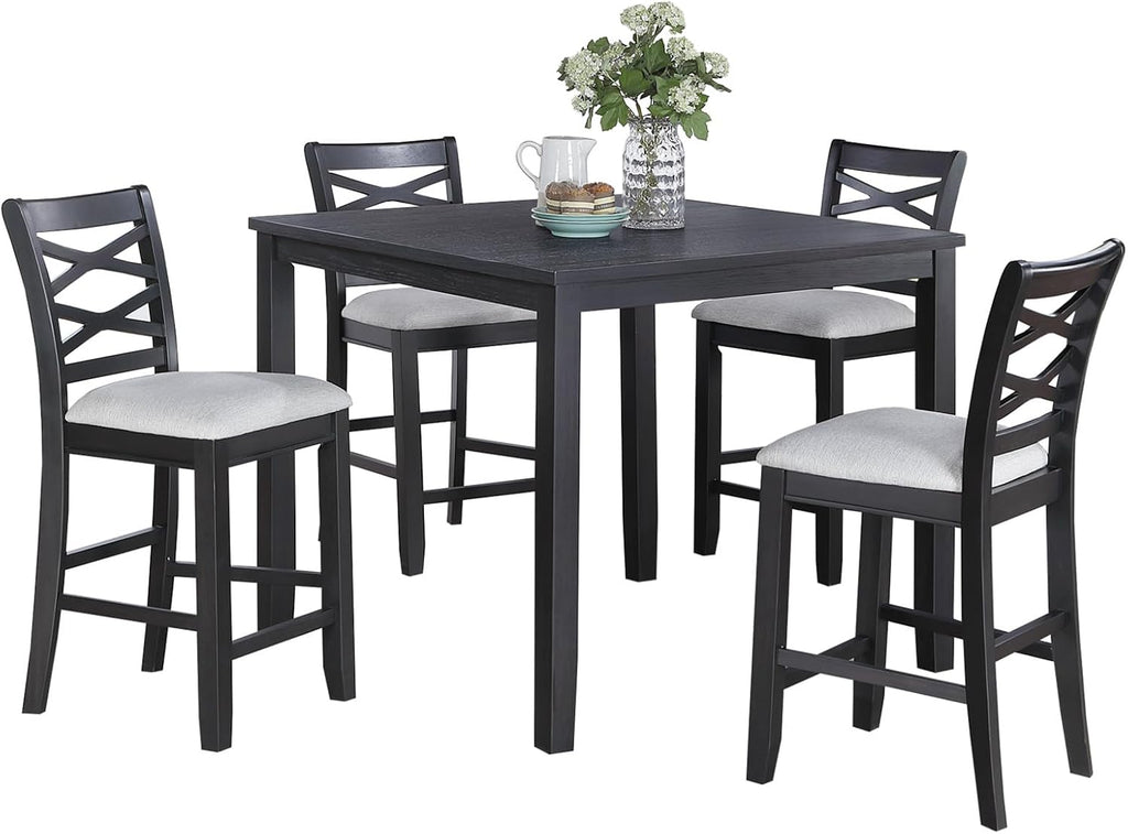 5-Piece Counter Height Table Set with Charcoal, MDF, Rubber Wood | Charcoal finish with modern design for contemporary and transitional interiors