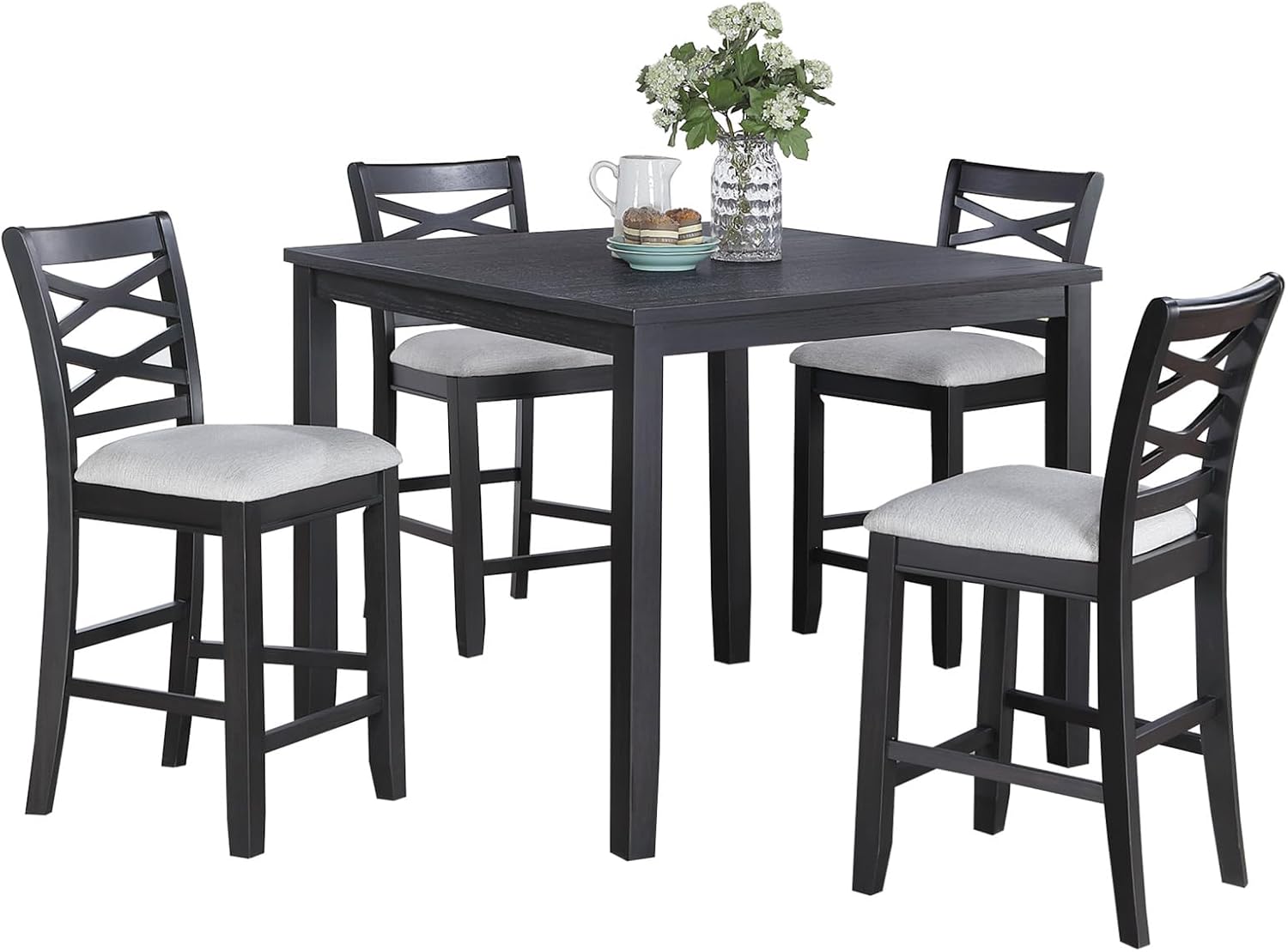 5-Piece Counter Height Table Set with Charcoal, MDF, Rubber Wood | Charcoal finish with modern design for contemporary and transitional interiors