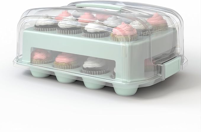 Cupcake Carrier, EXTRA TALL LID, Green Cupcake Holder Carries 24 Standard-Size Cupcakes, Muffin Traveler Two Tier Stand Reusable Cupcake Box