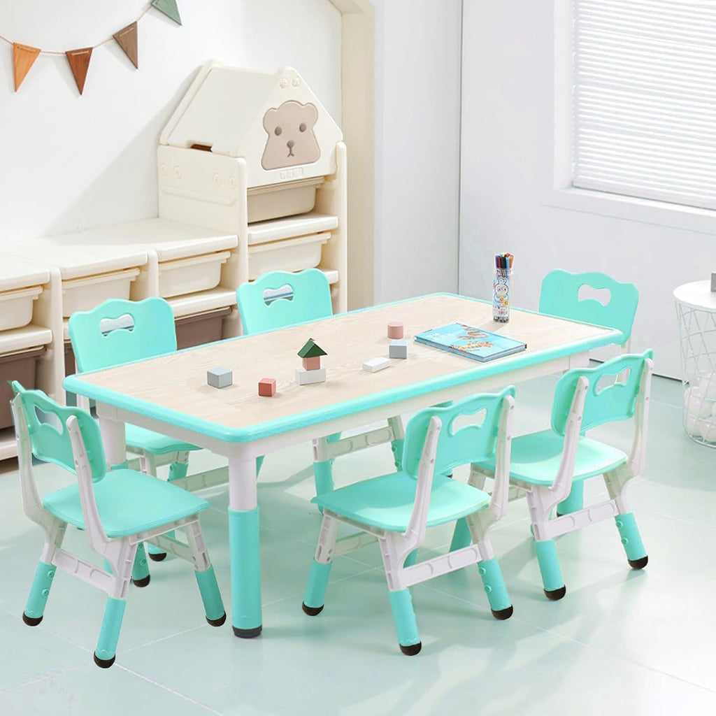 Memoryfield Kids Table and 6 Chairs Set, Height Adjustable Arts & Crafts Table with Graffiti Desktop, Non-Slip Legs,Ideal for Ages 2-10, Children's Multi-Activity for Classrooms, Daycares,Home