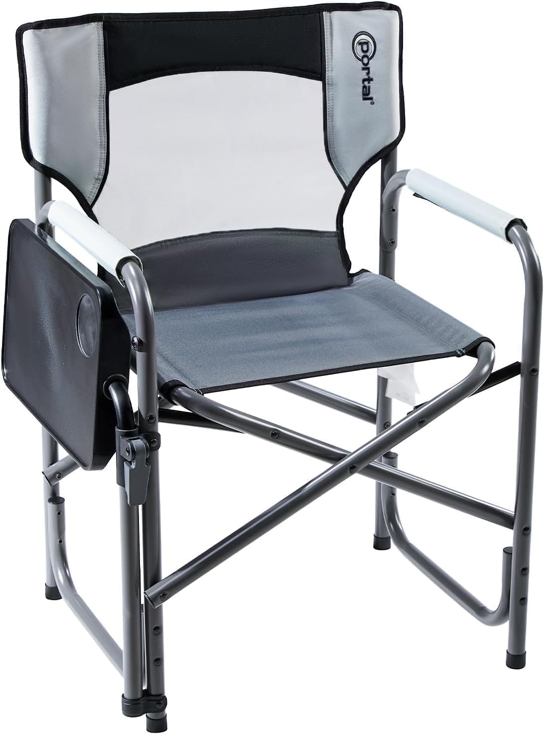 Portal Director Camping Chair with 2-Way Rotating Side Table, 300 lb, Gray | Height-Adjustable Swivel Tray with Cup Holder, Breathable Mesh Back, Portable for Camping, Tailgating, Lawn and RV Travel